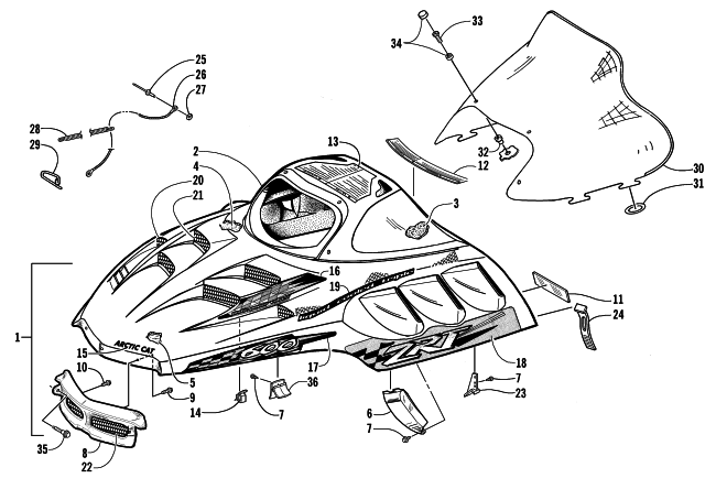 Parts Diagram for Arctic Cat 2002 ZRT 600 SNOWMOBILE HOOD AND WINDSHIELD ASSEMBLY