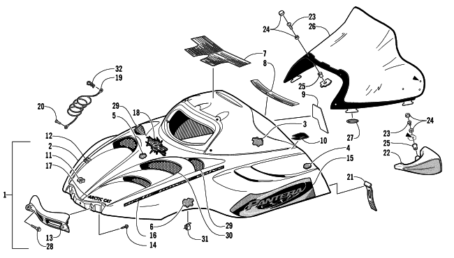 Parts Diagram for Arctic Cat 2002 PANTERA 800 EFI ESR () SNOWMOBILE HOOD AND WINDSHIELD ASSEMBLY