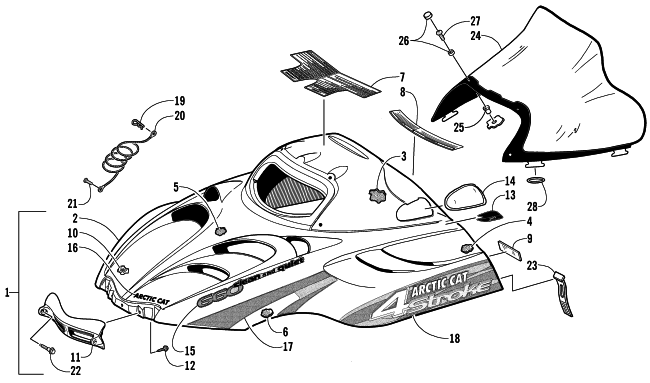 Parts Diagram for Arctic Cat 2002 4-STROKE TRAIL SNOWMOBILE HOOD AND WINDSHIELD ASSEMBLY