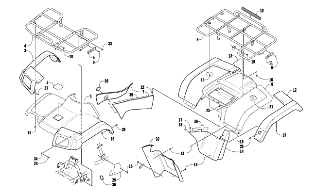 Parts Diagram for Arctic Cat 2002 400 4X4 MANUAL TRANSMISSION () ATV BODY PANEL ASSEMBLY