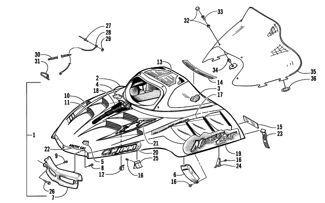Parts Diagram for Arctic Cat 2002 MOUNTAIN CAT 1000 SNOWMOBILE HOOD AND WINDSHIELD ASSEMBLY