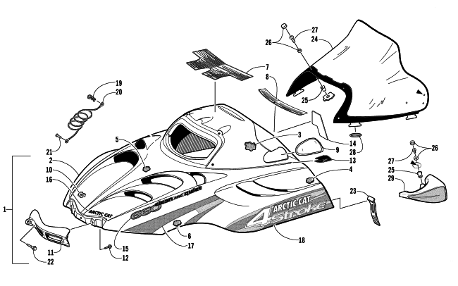 Parts Diagram for Arctic Cat 2002 4-STROKE TOURING SNOWMOBILE HOOD AND WINDSHIELD ASSEMBLY