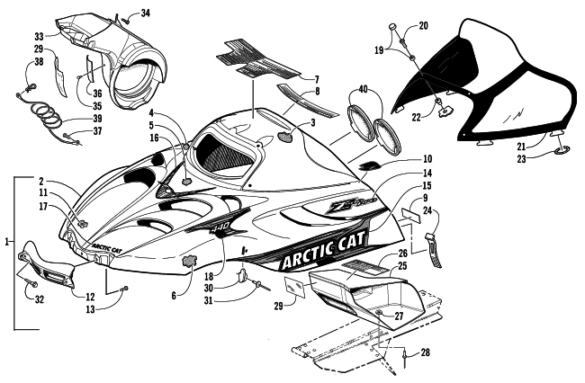 Parts Diagram for Arctic Cat 2002 Z 440 SNO PRO () SNOWMOBILE HOOD AND WINDSHIELD ASSEMBLY
