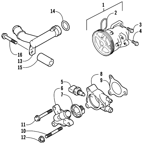 Parts Diagram for Arctic Cat 2002 4-STROKE TOURING () SNOWMOBILE WATER PUMP AND THERMOSTAT ASSEMBLIES