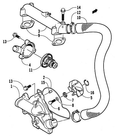 Parts Diagram for Arctic Cat 2002 ZR 440 SNO PRO SNOWMOBILE WATER PUMP/WATER MANIFOLD ASSEMBLY