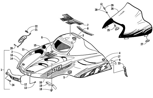 Parts Diagram for Arctic Cat 2003 ZR 900 () SNOWMOBILE HOOD AND WINDSHIELD ASSEMBLY