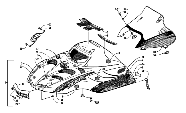 Parts Diagram for Arctic Cat 2003 MOUNTAIN CAT 900 EARLY BUILD SNOWMOBILE HOOD AND WINDSHIELD ASSEMBLY