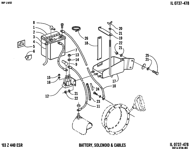 Parts Diagram for Arctic Cat 2003 Z 440 ESR SNOWMOBILE BATTERY, SOLENOID, AND CABLES