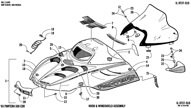 Parts Diagram for Arctic Cat 2003 PANTERA 550 SNOWMOBILE HOOD AND WINDSHIELD ASSEMBLY