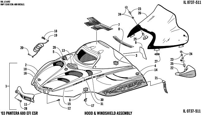 Parts Diagram for Arctic Cat 2003 PANTERA 600 EFI ESR () SNOWMOBILE HOOD AND WINDSHIELD ASSEMBLY