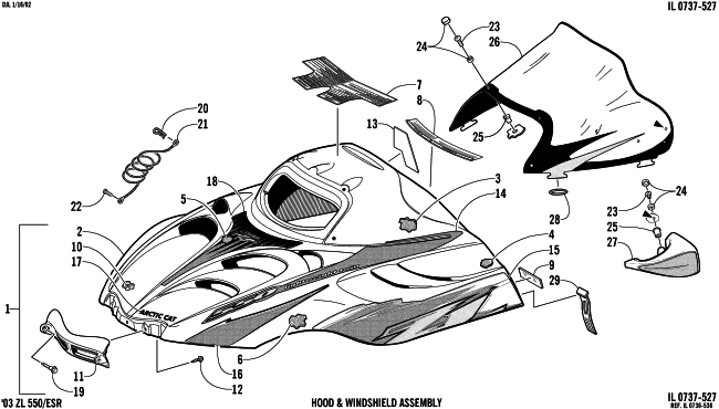 Parts Diagram for Arctic Cat 2003 ZL 550 (ESR ) SNOWMOBILE HOOD AND WINDSHIELD ASSEMBLY