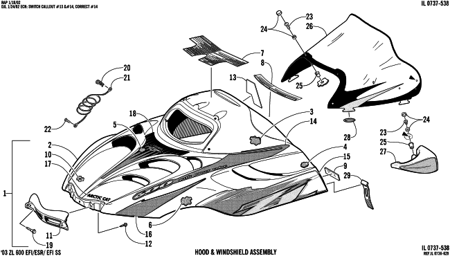 Parts Diagram for Arctic Cat 2003 ZL 600 EFI (ESR ) SNOWMOBILE HOOD AND WINDSHIELD ASSEMBLY