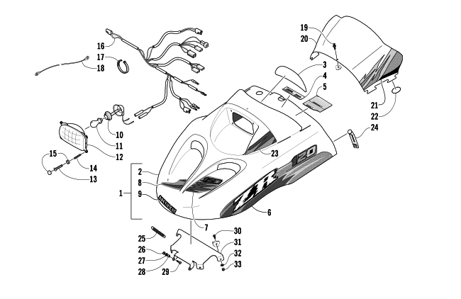 Parts Diagram for Arctic Cat 2003 ZR 120 SNOWMOBILE HOOD, HEADLIGHT, AND WINDSHIELD ASSEMBLY