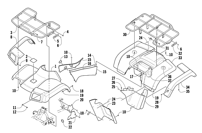 Parts Diagram for Arctic Cat 2003 400 FIS AUTOMATIC TRANSMISSION (4X4 -MRP) ATV BODY PANEL ASSEMBLY