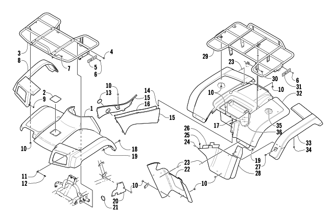 Parts Diagram for Arctic Cat 2003 400 FIS MANUAL TRANSMISSION (4X4 ) ATV BODY PANEL ASSEMBLY
