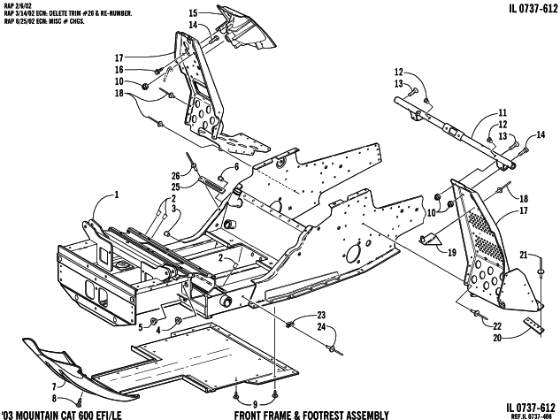 Parts Diagram for Arctic Cat 2003 MOUNTAIN CAT 600 EFI () SNOWMOBILE FRONT FRAME AND FOOTREST ASSEMBLY