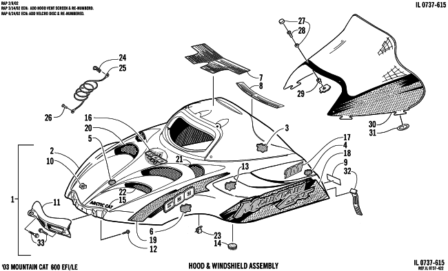 Parts Diagram for Arctic Cat 2003 MOUNTAIN CAT 600 EFI () SNOWMOBILE HOOD AND WINDSHIELD ASSEMBLY