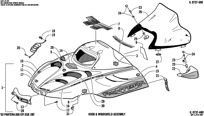 Parts Diagram for Arctic Cat 2003 PANTERA 800 EFI ESR () SNOWMOBILE HOOD AND WINDSHIELD ASSEMBLY