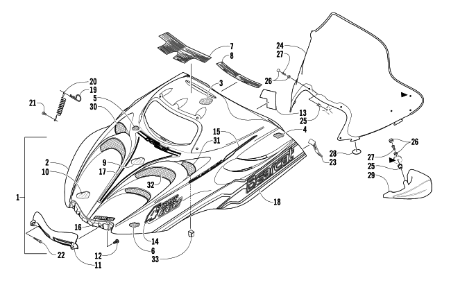 Parts Diagram for Arctic Cat 2003 BEARCAT WIDE TRACK SNOWMOBILE HOOD AND WINDSHIELD ASSEMBLY