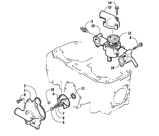 Parts Diagram for Arctic Cat 2004 ZR 900 EFI SNO PRO SNOWMOBILE WATER PUMP/WATER MANIFOLD ASSEMBLY