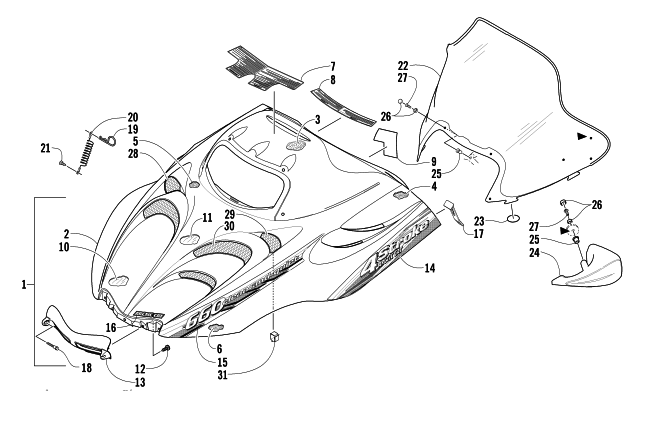 Parts Diagram for Arctic Cat 2003 4-STROKE TOURING SNOWMOBILE HOOD AND WINDSHIELD ASSEMBLY