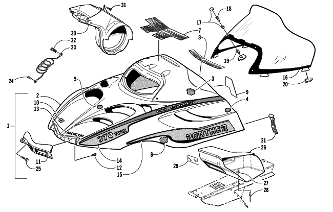 Parts Diagram for Arctic Cat 2003 PANTHER 370 R SNOWMOBILE HOOD AND WINDSHIELD ASSEMBLY