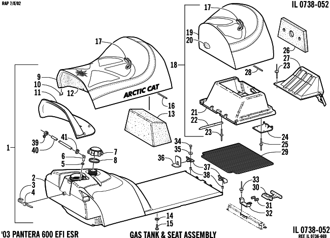 Parts Diagram for Arctic Cat 2003 PANTERA 600 EFI ESR SNOWMOBILE GAS TANK AND SEAT ASSEMBLY
