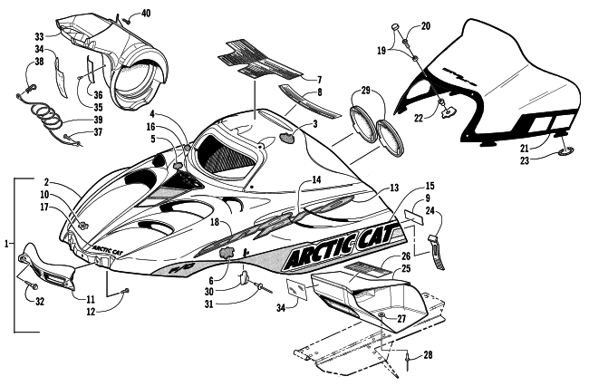 Parts Diagram for Arctic Cat 2003 Z 440 SNO PRO SNOWMOBILE HOOD AND WINDSHIELD ASSEMBLY