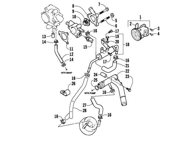 Parts Diagram for Arctic Cat 2003 BEARCAT WIDE TRACK SNOWMOBILE WATER PUMP AND THERMOSTAT ASSEMBLIES