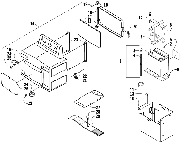 Parts Diagram for Arctic Cat 2003 500 TRV AUTOMATIC TRANSMISSION ATV STORAGE BOX AND BATTERY ASSEMBLY