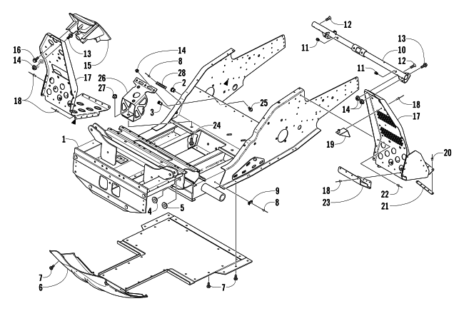 Parts Diagram for Arctic Cat 2004 BEARCAT 570 SNOWMOBILE FRONT FRAME AND FOOTREST ASSEMBLY