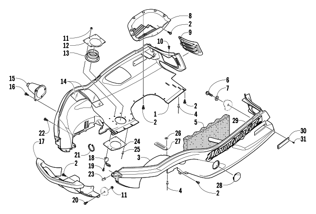 Parts Diagram for Arctic Cat 2004 MOUNTAIN CAT 600 EFI SNOWMOBILE BELLY PAN AND FRONT BUMPER ASSEMBLY