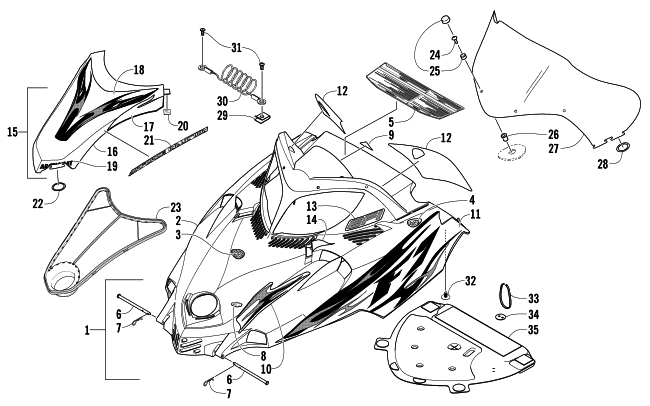 Parts Diagram for Arctic Cat 2004 FIRECAT 700 EFI EXT SNOWMOBILE HOOD AND WINDSHIELD ASSEMBLY