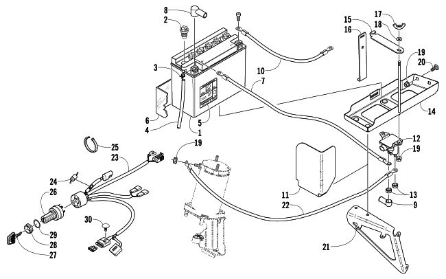Parts Diagram for Arctic Cat 2004 SABERCAT 600 EFI LX SNOWMOBILE BATTERY, SOLENOID, AND CABLES