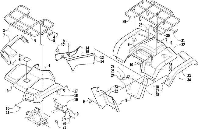 Parts Diagram for Arctic Cat 2004 400 AUTOMATIC TRANSMISSION 4X4 MRP ATV BODY PANEL ASSEMBLY
