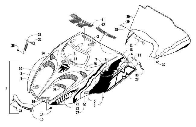 Parts Diagram for Arctic Cat 2004 MOUNTAIN CAT 900 EFI 151 SNOWMOBILE HOOD AND WINDSHIELD ASSEMBLY