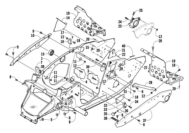 Parts Diagram for Arctic Cat 2004 SABERCAT 500 LX SNOWMOBILE FRONT FRAME AND FOOTREST ASSEMBLY