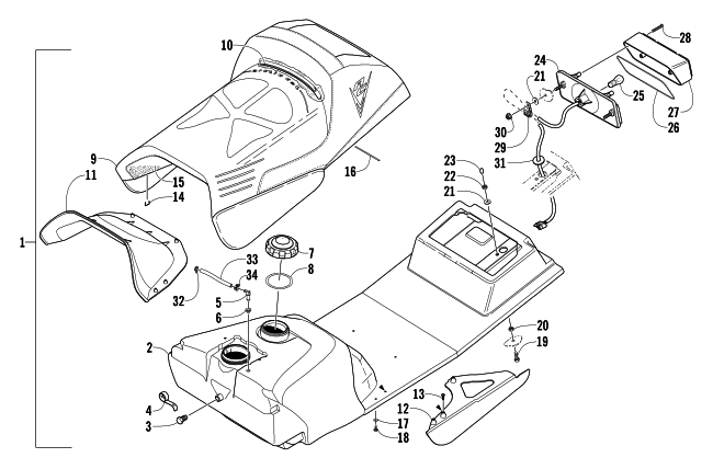 Parts Diagram for Arctic Cat 2004 T660 TURBO TRAIL SNOWMOBILE GAS TANK, SEAT, AND TAILLIGHT ASSEMBLY