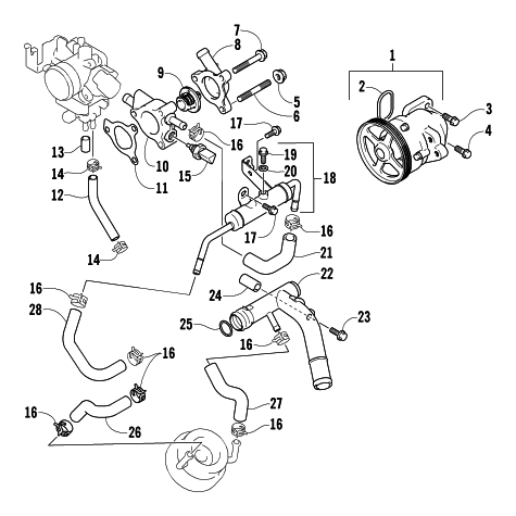 Parts Diagram for Arctic Cat 2004 T660 TURBO TOURING SNOWMOBILE WATER PUMP AND THERMOSTAT ASSEMBLIES