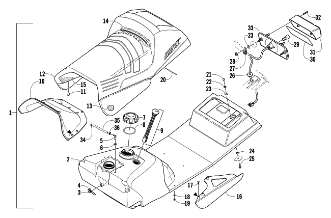 Parts Diagram for Arctic Cat 2004 ZR 900 EFI SNOWMOBILE GAS TANK, SEAT, AND TAILLIGHT ASSEMBLY
