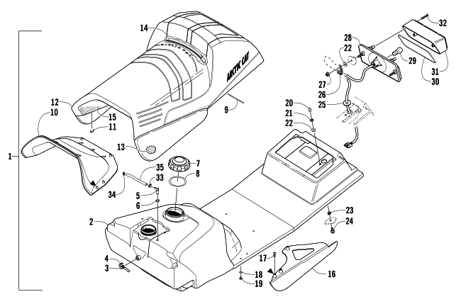 Parts Diagram for Arctic Cat 2005 T660 TURBO ST EFI EARLY BUILD SNOWMOBILE GAS TANK, SEAT, AND TAILLIGHT ASSEMBLY