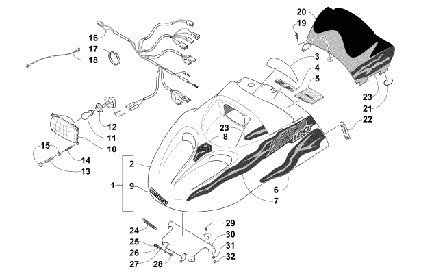 Parts Diagram for Arctic Cat 2005 ZR 120 SNOWMOBILE HOOD, HEADLIGHT, AND WINDSHIELD ASSEMBLY