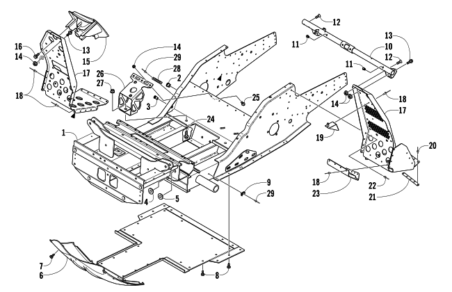 Parts Diagram for Arctic Cat 2005 BEARCAT 570 SNOWMOBILE FRONT FRAME AND FOOTREST ASSEMBLY