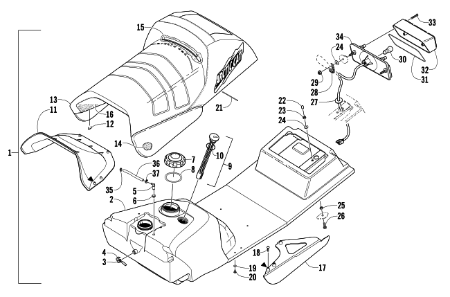 Parts Diagram for Arctic Cat 2005 ZR 900 EFI SNOWMOBILE GAS TANK, SEAT, AND TAILLIGHT ASSEMBLY
