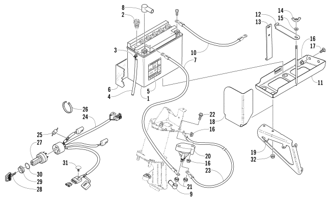 Parts Diagram for Arctic Cat 2005 SABERCAT 500 LX SNOWMOBILE BATTERY, SOLENOID, AND CABLES