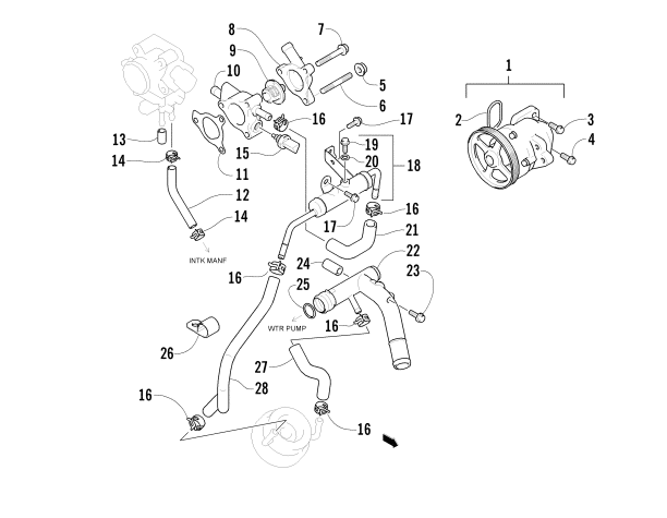 Parts Diagram for Arctic Cat 2006 PANTHER 660 TRAIL SNOWMOBILE WATER PUMP AND THERMOSTAT ASSEMBLIES