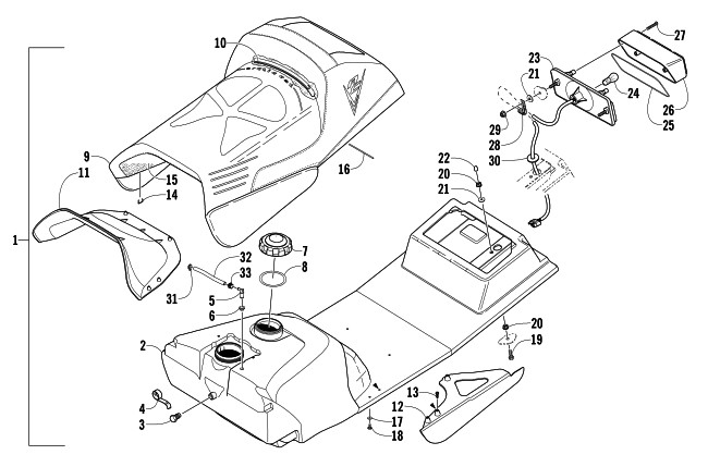 Parts Diagram for Arctic Cat 2005 T660 TURBO SNOWMOBILE GAS TANK, SEAT, AND TAILLIGHT ASSEMBLY