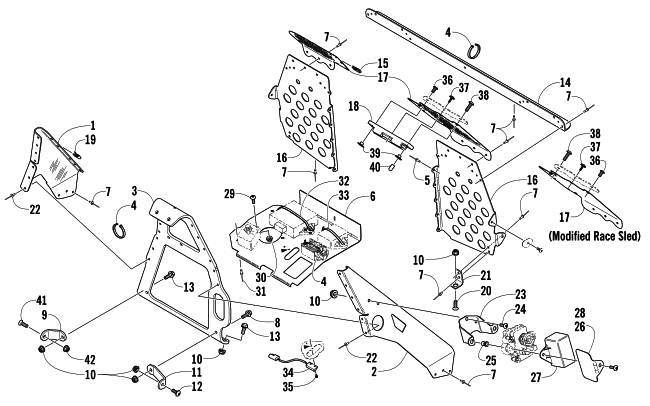 Parts Diagram for Arctic Cat 2005 AC SNO PRO MOD SNOWMOBILE FOOTREST AND STEERING SUPPORT ASSEMBLY
