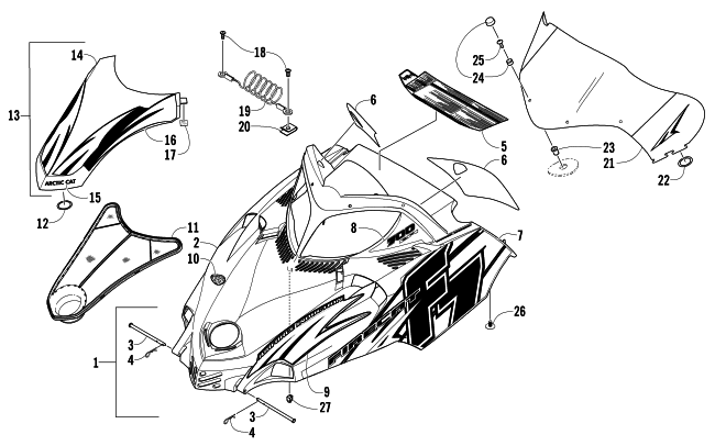 Parts Diagram for Arctic Cat 2006 FIRECAT 700 EFI R SNOWMOBILE HOOD AND WINDSHIELD ASSEMBLY