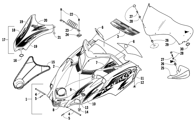 Parts Diagram for Arctic Cat 2006 SABERCAT 700 EFI LX SNOWMOBILE HOOD AND WINDSHIELD ASSEMBLY